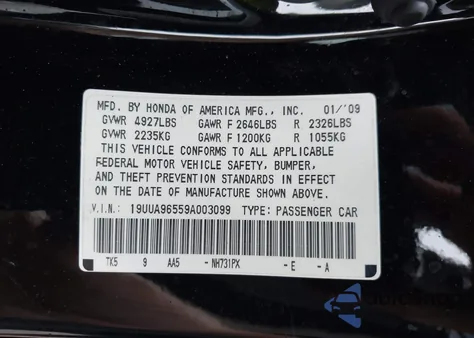 2009 Acura Tl 3.7 z USA, uszkodzony, nr VIN 19UUA96559A003099